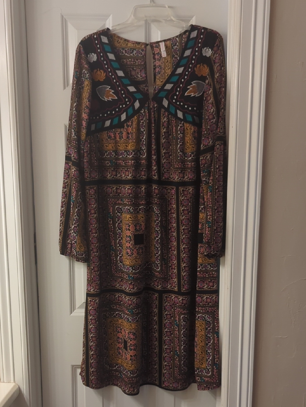 Xhilaration Black Boho Patchwork Long Sleeve Dress with Teal & Gold Accents